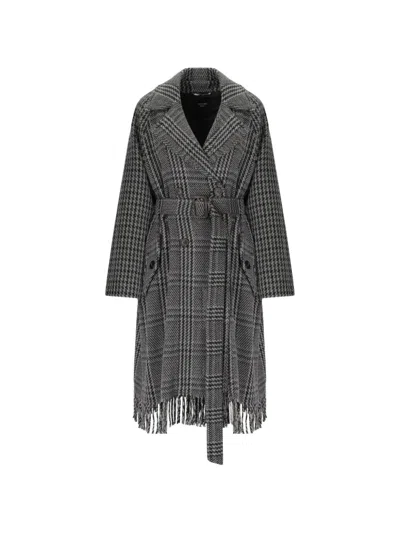 Weekend Max Mara Carpi Coat In Pied De Poule Wool With Fringes In Gray