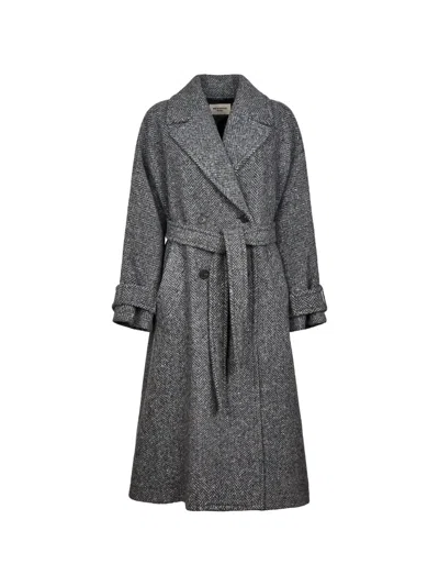 Weekend Max Mara Chevron-pattern Belted Coat In Gray
