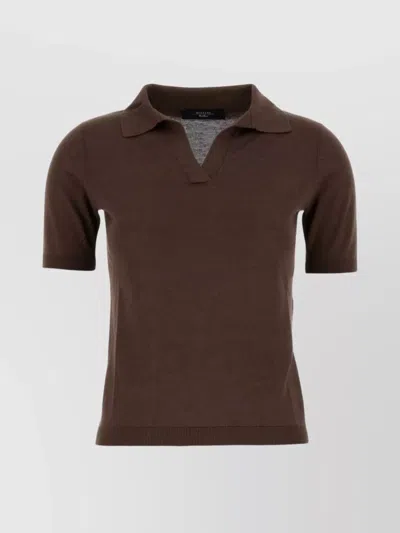 Weekend Max Mara Collared Short Sleeves Ribbed Hem Top In Brown