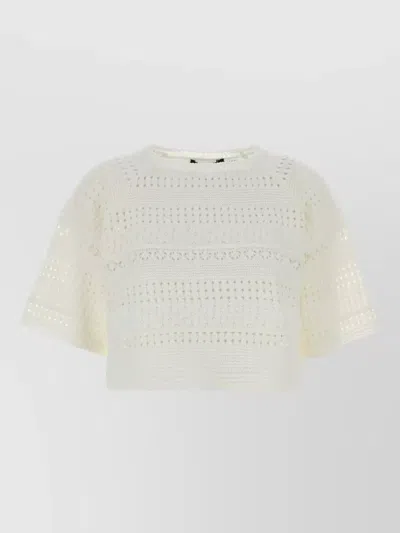 Weekend Max Mara Crochet Knit Top Round Neck Short Sleeves In White