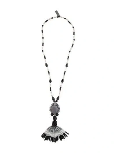 Pre-owned Weekend Max Mara Crystal, Stone & Glass Bead Tassel Pendant Necklace, 30" In Black/clear/grey