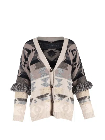 Pre-owned Weekend Max Mara Denver Fringed Jacquard Cardigan In Neutral