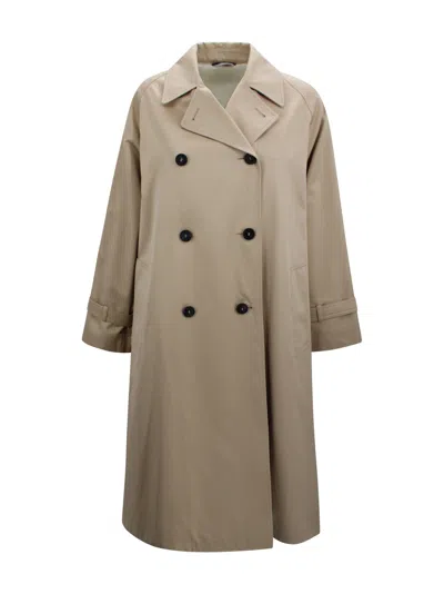 Weekend Max Mara Double-breasted Cotton Coat With Back Print In Green