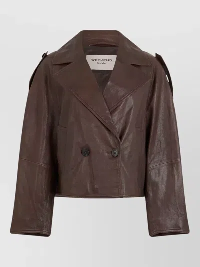 Weekend Max Mara Short Double-breasted Leather Jacket With Classic Collar In Green