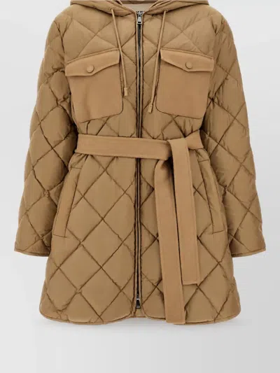 Weekend Max Mara Down Quilted Belted Hooded Parka Coat In Brown