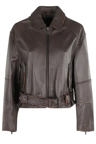 Weekend Max Mara Belt Leather Jacket In Brown