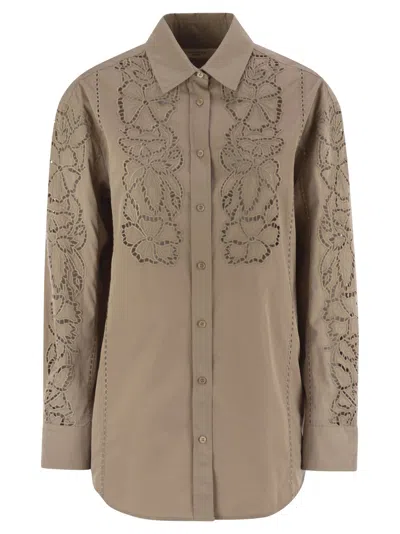 Weekend Max Mara Elmi Embroidered Soft Poplin Shirt In Brown