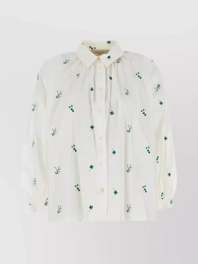 Weekend Max Mara Embroidered Floral Collared Neck Gathered Sleeves Top In Neutral