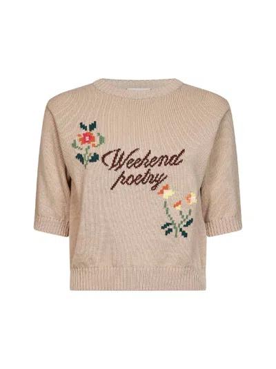 Weekend Max Mara Embroidered Floral Cotton Knit Sweater In Neutral