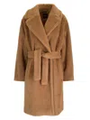 Weekend Max Mara Belted Wool Coat With Faux Fur Texture In Brown