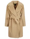 Weekend Max Mara Waist Belted Faux Fur Coat In Beige