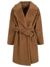 Weekend Max Mara Belted Wool Coat With Faux Fur Texture In Hazelnut Brown