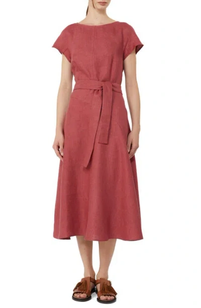 Weekend Max Mara Esordio Belted Linen Canvas A-line Midi Dress In Burgundy