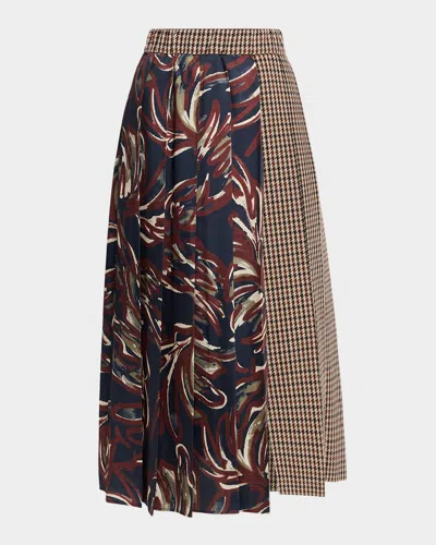 WEEKEND MAX MARA FANALE PLEATED HOUNDSTOOTH & FLORAL WOOL-BLEND MIDI SKIRT