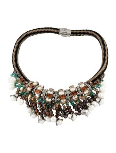 Pre-owned Weekend Max Mara Faux Pearl, Crystal & Cord Collar Necklace, 20.5" In Black/blue/brown