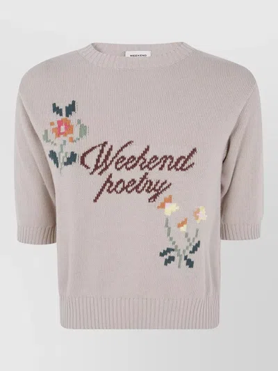 Weekend Max Mara Floral Embroidery Sweater Ribbed Hem Cuffs Text In Gray