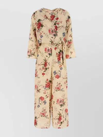 Weekend Max Mara Floral Pattern V-neckline Jumpsuit With Waist Tie In Multi