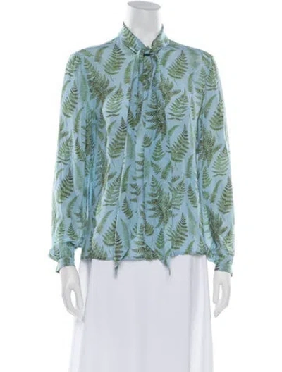 Pre-owned Weekend Max Mara Floral Print Tie Neck Blouse In Blue/green