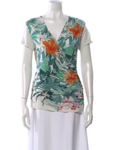 Pre-owned Weekend Max Mara Floral Print V-neck Top In Green
