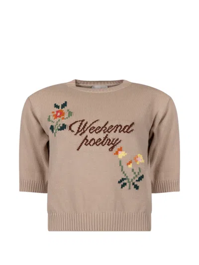 Weekend Max Mara Floral-intarsia Short-sleeve Sweater In Brown