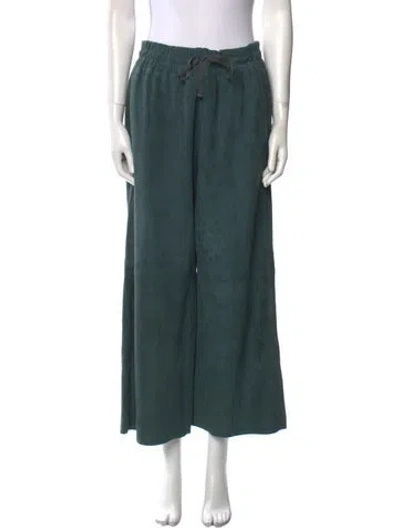 Pre-owned Weekend Max Mara Goat Leather Wide Leg Pants In Green