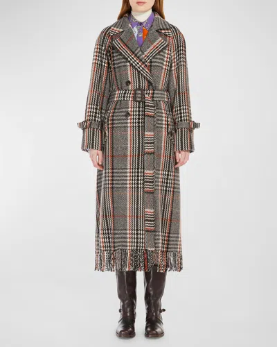 Weekend Max Mara Gommoso Belted Plaid Fringe-trim Coat In Beige
