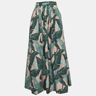 Pre-owned Weekend Max Mara Green Leaf Printed Cotton Pleated Eguale Midi Skirt S