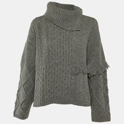 Pre-owned Weekend Max Mara Grey Cable Knit Tasseled Turtleneck Sweater M