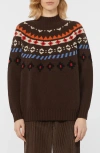 Weekend Max Mara Hardy Fair Isle Jacquard Virgin Wool Mock Neck Sweater In Brown