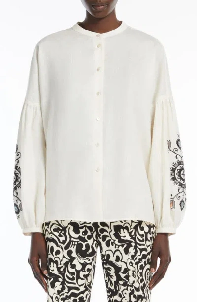 Weekend Max Mara Ilex Embroidered Linen Collarless Shirt In Beige