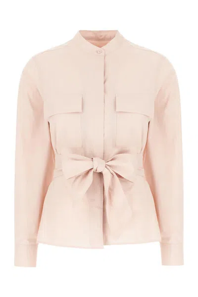 Weekend Max Mara Poplin Blouse With Belted Waist And Stand Collar In Pink