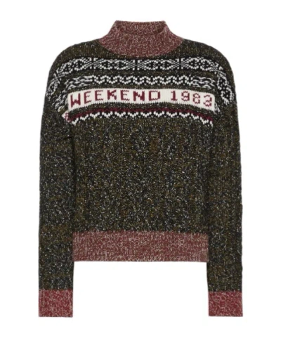 Weekend Max Mara Jacquard Wool-cotton Crewneck Sweater In Black