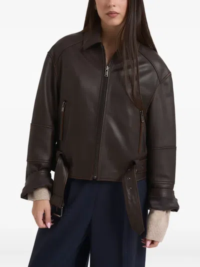 Weekend Max Mara Leather Biker Jacket In Brown