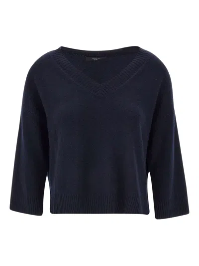 Weekend Max Mara Leva V-neck Ribbed Jumper In Blue