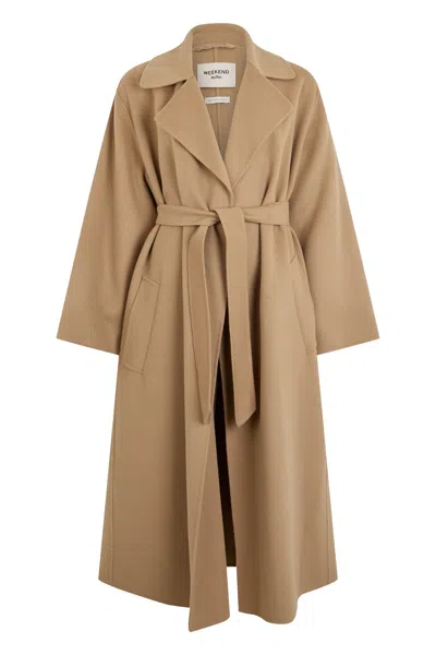 Weekend Max Mara Weekend Long Virgin Wool Belted Jacket In Brown
