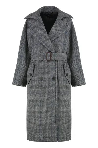 Weekend Max Mara Long Double-breasted Tweed Coat With Trench Details In Gray