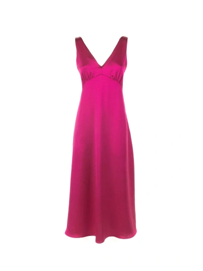 Weekend Max Mara Long Fuchsia Dress With V-neck In Satin In Pink