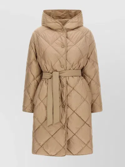 Weekend Max Mara Long Quilted Coat Belted Waist Hood In Brown