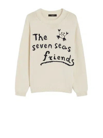 WEEKEND MAX MARA WEEKEND MAX MARA MAX MARA WEEKEND IVORY COTTON BLEND SWEATER WITH COLLECTION MOTIF INLAID ON THE FRO