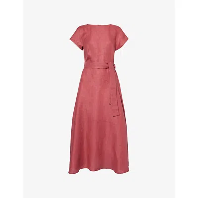 Weekend Max Mara Omens 034 Cherry Round Neck Flared Linen Midi Dres In Pink