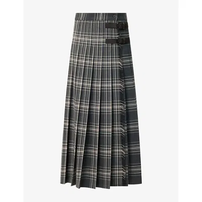 Weekend Max Mara Omens Batavia Tartan Pleated Wool-blend Long Skirt Dark Grey Tartan In Gray