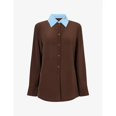 Weekend Max Mara Omens Brown Contrast-collar Relaxed-fit Silk Shirt