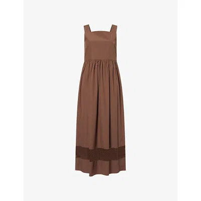 Weekend Max Mara Omens Chocolate Square-neck Crochet-panel Cotton Midi Dress In Brown