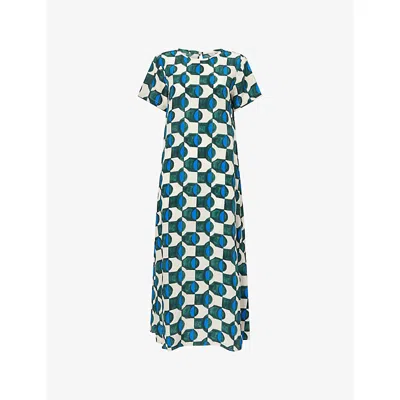 Weekend Max Mara Omens Dark Green Geometric Printed Short-sleeve Silk T-shirt Dress In Multi