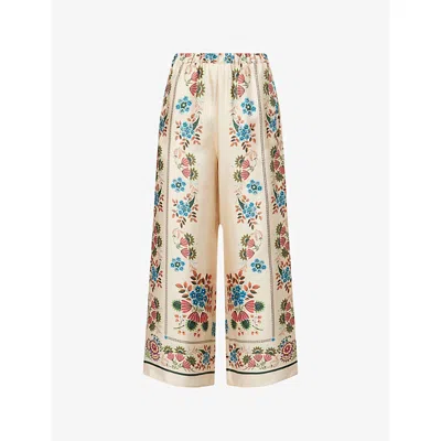 Weekend Max Mara Omens Ivory Flowers Floral-print Wide-leg Silk Trousers In Orange