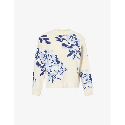 Weekend Max Mara Omens Light Blue Fabian Floral-intarsia Cotton-blend Knitted Jumper Xl In Multi
