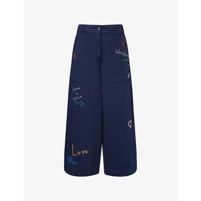 Weekend Max Mara Omens Ultramarine Lotus Wide-leg Cotton Trousers In Blue