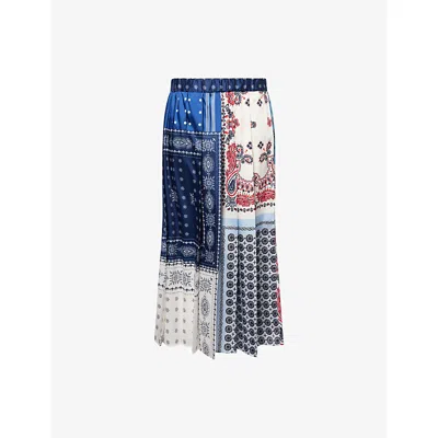 Weekend Max Mara Omens Navy Luna Pleated Woven Midi Skirt In Multi