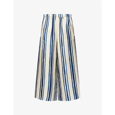 Weekend Max Mara Omens Navy Big Stripe Striped Wide-leg Silk Trousers In Gray