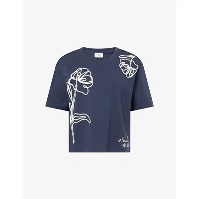 Weekend Max Mara Omens Navy Flower Embroidery Embroidered Boxy-fit Cotton T-shirt In Blue